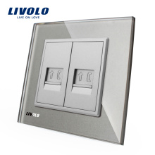 Panel de vidrio gris Livolo VL-C792T-15 Pared 2 Enchufe RJ11 Toma de teléfono / Enchufe eléctrico